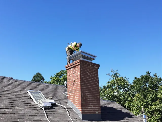 Carver Chimney Sweep technician measuring a chimney cap in Carver, MA
