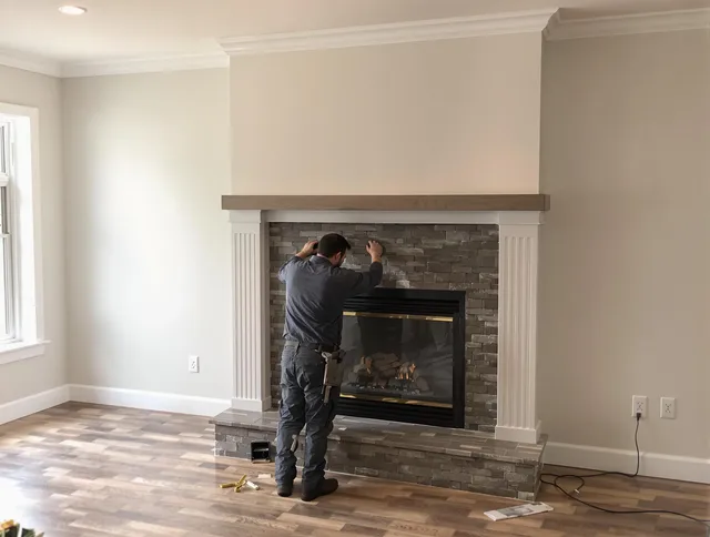 Carver Chimney Sweep finishing a custom fireplace install in Carver, MA